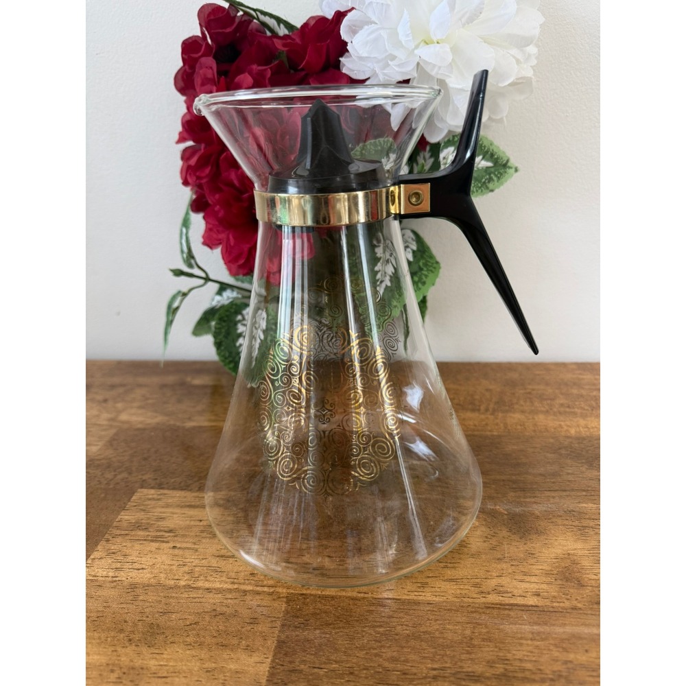 Vintage Genie 4 Cup Glass Carafe Gold Scroll MCM Retro Kitchen Decor‎ Dining